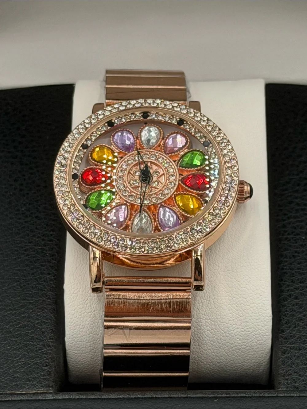 Rose Gold Women's Crystal Flower Dial Bracelet Watch - Multicolor Stones